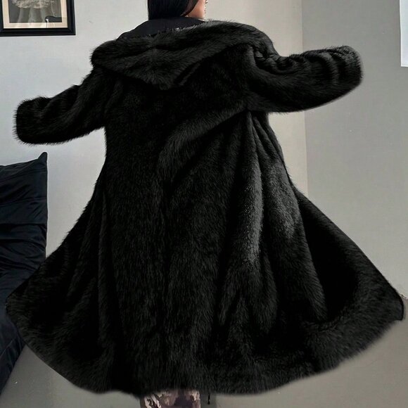 Black Preppy Women's Plus Size Long Sleeve Hooded Fluffy Coat - Picture 2 of 6